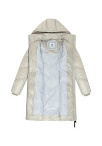 Vattert jakke i lys beige, med glidelås, avtakbar hette og myk innerforing i lys grå. Har elastiske mansjetter og side lommer.