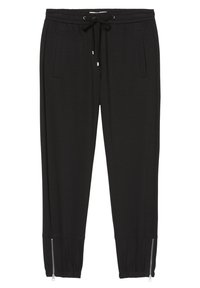 Pantalones jogger negros de tela suave con una cinturilla elástica, cordón ajustable y cremalleras en los puños para un ajuste ceñido.