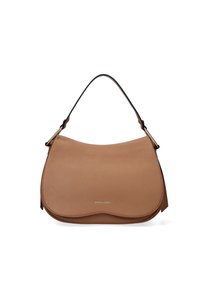 Sac à épaule en cuir tan avec une silhouette courbée, surface texturée, bord noir et un accent doré sur la sangle.