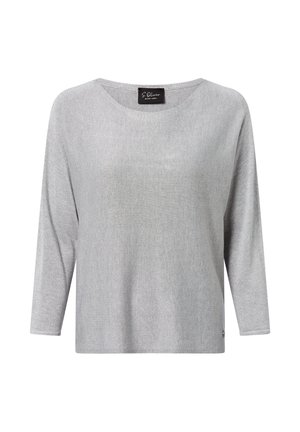 Pull gris clair à manches longues avec un col rond et une petite étiquette noire au niveau du col, présenté sur fond blanc.