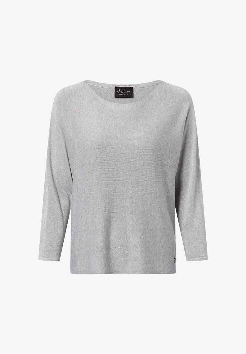 Pull gris clair à manches longues avec un col rond et une petite étiquette noire au niveau du col, présenté sur fond blanc.