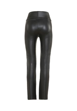 Schwarze Leggings aus Kunstleder mit enganliegendem Design, glatter Textur und Nahtdetails, ausgestattet mit einem elastischen Bund und geradem Bein.