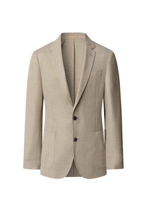 Beige Blazer aus strukturiertem Stoff, mit zwei vorderen Taschen, drei Knöpfen und einem Reverskragen. Gefüttertes Innenfutter mit taillierten Passformdetails.