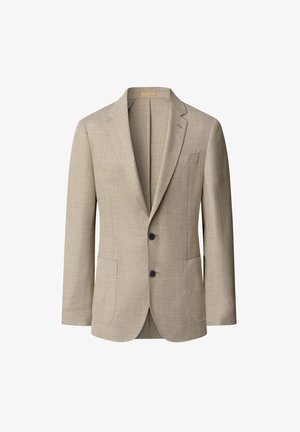 Beige blazer van een textuurstof, met twee voorzakken, drie knopen en een met een inkeping afgewerkt revers. Voering aan de binnenkant met pasvormdetails.
