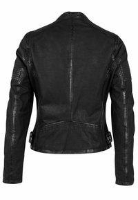 Schwarze Leder-Motorradjacke mit strukturierten Schultern, taillierter Form und markanten Nähten. Enthält seitliche Schnallen und elegante Linien.