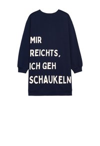 Navyblauer, übergroßer Sweatshirt mit langen Ärmeln und rundem Ausschnitt, auf der Rückseite mit großen weißen Text in deutscher Sprache.