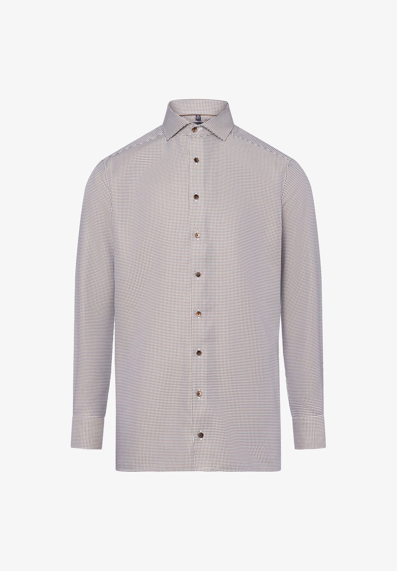 Wit en blauw geruit overhemd met lange mouwen, een button-down kraag en bruine knopen. Gemaakt van een soepele stof met een getailleerde pasvorm.