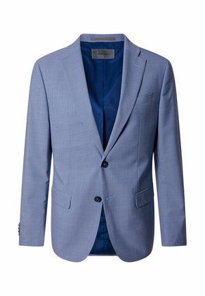 Veste homme bleu clair avec revers crantés, deux boutons noirs, poches à rabat, et doublure intérieure bleu foncé.