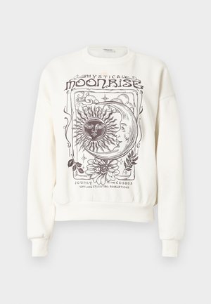 Off-white majica dugih rukava s nebeskim grafičkim motivima, uključujući sunce, mjesec i cvjetne detalje, s rebrastim manžetama i rubom.