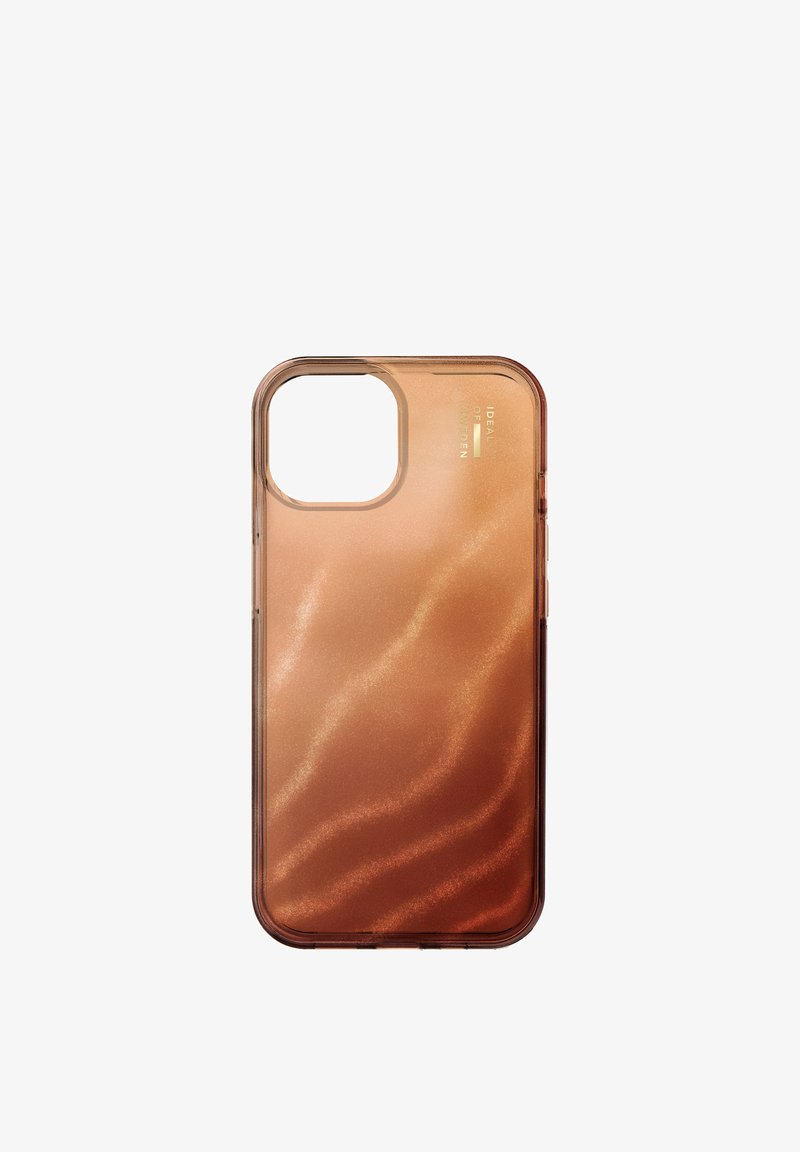 Coque de téléphone transparente avec un dégradé de couleur ambre à marron, présentant une texture ondulée et une découpe pour la caméra. Design minimaliste.