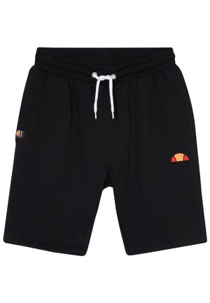 Zwarte katoenen shorts met een elastische tailleband, een witte koordsluiting en een geborduurd ontwerp in rood en oranje op het linkerbeen.