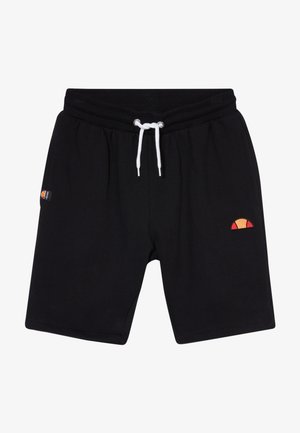Shorts en coton noirs avec une taille élastique, un cordon de serrage blanc et un motif brodé en rouge et orange sur la jambe gauche.