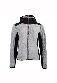 Fleecejacke mit grauem flauschigem Oberteil, schwarzen Nylonärmeln und Kapuze, vorderem Reißverschluss und gerippten Bündchen. Roségoldene Akzente am Reißverschluss.