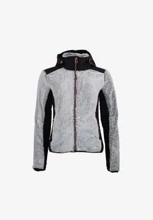 Giacca in pile con corpo grigio sottopelo, maniche e cappuccio in nylon nero, chiusura frontale con zip e polsini a costine. Dettagli in oro rosa sulla zip.