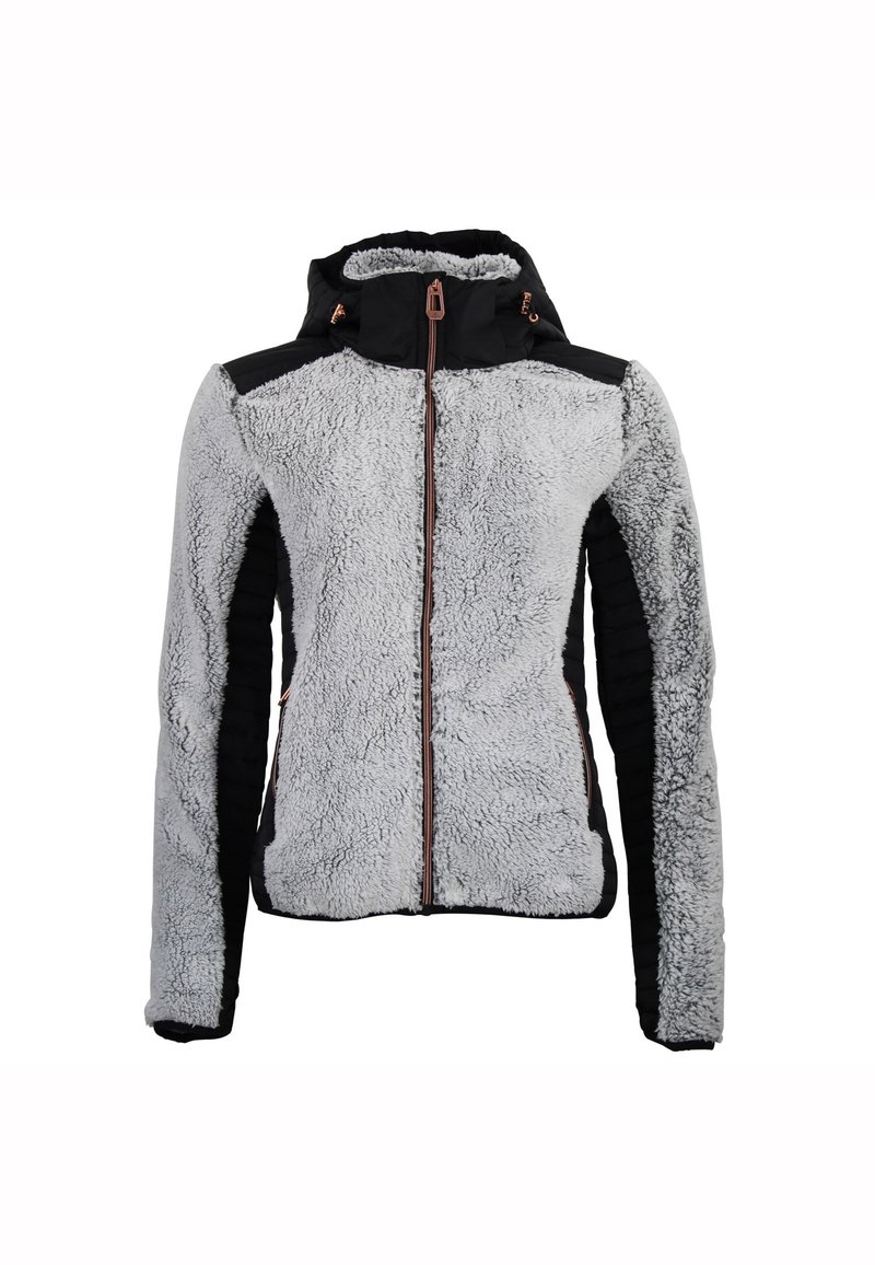 Fleecejacke mit grauem flauschigem Oberteil, schwarzen Nylonärmeln und Kapuze, vorderem Reißverschluss und gerippten Bündchen. Roségoldene Akzente am Reißverschluss.