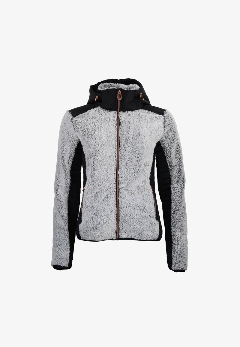 Fleecejacke mit grauem flauschigem Oberteil, schwarzen Nylonärmeln und Kapuze, vorderem Reißverschluss und gerippten Bündchen. Roségoldene Akzente am Reißverschluss.