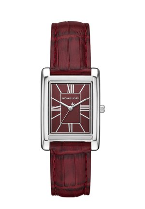 Orologio rettangolare in argento con quadrante rosso scuro e cinturino in pelle abbinato, con numeri romani e tre lancette d'argento.
