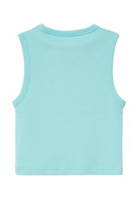 Lichtblauw mouwloos topje gemaakt van ribbelmateriaal. Heeft een ronde halslijn en een rechte zoom, zonder patronen of accenten.