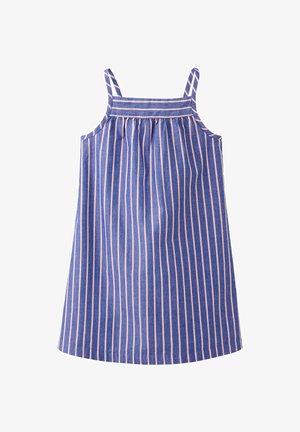 Rochie albastră fără mâneci, cu dungi verticale subțiri roz și bretele subțiri, cu croi lejer și material adunat sub decolteu.