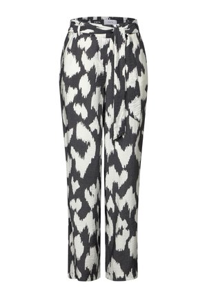 Pantalones de patrón blanco y negro con un acabado texturizado, con cintura con cinturón y piernas rectas, diseñados para un ajuste relajado.