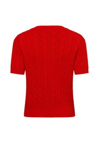 Roter kurzärmeliger Pullover mit Kabelstrickmuster und geripptem Saum. Die Rückansicht betont das gesamte Design und die Passform.