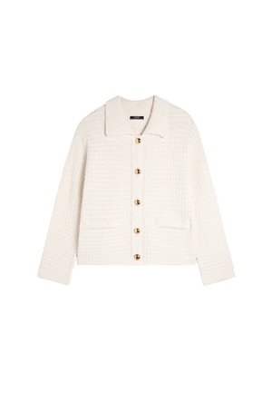 White knitted jacket with a collared neckline, featuring a textured pattern, gold buttons, and two front pockets.