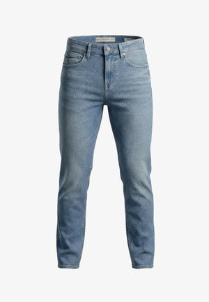 Lichtblauwe denim jeans met een slanke pasvorm, voorzien van een klassiek ontwerp met vijf zakken, subtiele vervaging en metalen sluitingen.