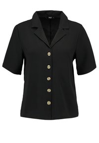 Blusa nera a maniche corte con colletto e cinque bottoni beige davanti, di stile classico e sartoriale.