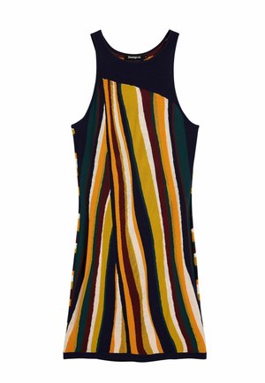 Rochie fără mâneci, de culoare bleumarin, cu dungi verticale îndrăznețe în galben, verde, maro și alb. Materialul pare ușor, cu o textură fină.