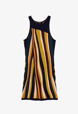 Ujjatlan ruha tengerészkék színben, vastag, sárga, zöld, barna és fehér függőleges csíkokkal. Az anyag könnyűnek tűnik, sima textúrával.