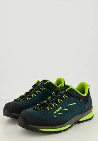 Blaue und grüne Wanderstiefel mit einem Obermaterial aus Wildleder, schwarzen Akzenten und leuchtend grünen Schnürsenkeln. Sie verfügen über eine robuste Gummisohle und gepolsterte Innensohlen.