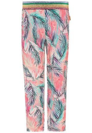 Roze broek met meerkleurige tropische bladprint en een glinsterende gestreepte tailleband in groene, gouden en paarse tinten.