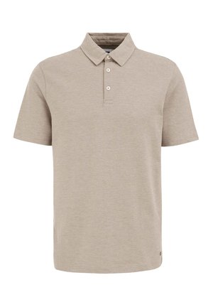 Short-sleeve polo shirt in light beige knit, featuring a collared neck and three-button placket. Subtle texture, no visible logos or patterns.
