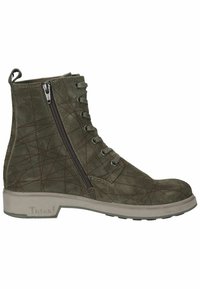 Olivgrüne Wildleder-Stiefelette mit runder Zehenpartie, dekorativer Stickerei, seitlichem Reißverschluss und gummierter Sohle. Verfügt über ein strukturiertes geometrisches Muster.