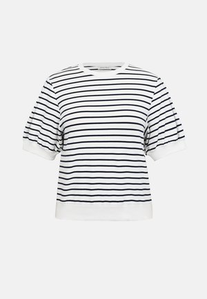 Haut blanc à manches courtes avec des rayures horizontales noires, des manches bouffantes, un col rond et un ourlet ajusté.