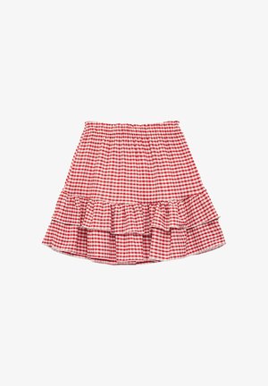 Jupe imprimée vichy rouge et blanche avec une taille élastique et un ourlet à volants. Tissu léger avec une texture plissée et une silhouette évasée.