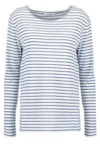 Langarmhemd aus leichtem Stoff, mit horizontalen Navy- und weißen Streifen, Rundhalsausschnitt und lässiger Passform. Keine auffälligen Materialien.