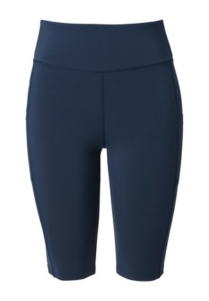 Navy blue athletic shorts made of stretchy material, featuring a high waistband, fitted design, and side pockets. Smooth texture.