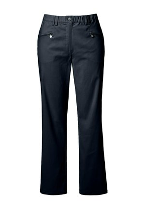 Zwarte rechte broek met ritszakken aan de voorkant, riemlussen en een knoopsluiting aan de taille.