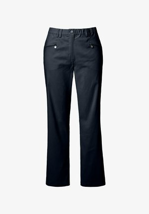 Schwarze gerade Hosen mit Reißverschlussfronttaschen, Gürtelschlaufen und einem Knopfverschluss an der Taille.