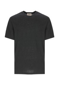 T-shirt nera a maniche corte realizzata in tessuto morbido, con collo rotondo e una texture leggermente sbiadita. Presenta un'etichetta del marchio all'interno del collo.