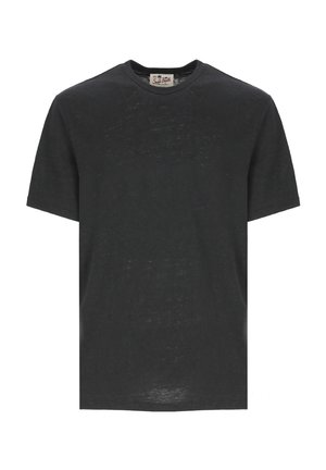 T-shirt nera a maniche corte realizzata in tessuto morbido, con collo rotondo e una texture leggermente sbiadita. Presenta un'etichetta del marchio all'interno del collo.