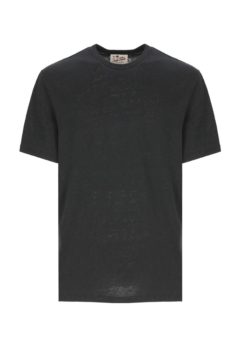 T-shirt nera a maniche corte realizzata in tessuto morbido, con collo rotondo e una texture leggermente sbiadita. Presenta un'etichetta del marchio all'interno del collo.
