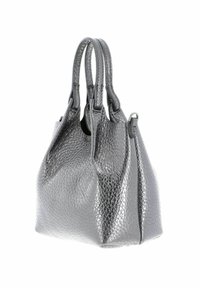 Sac à main en cuir argenté texturé avec double poignées et forme structurée, photographié sur fond blanc.