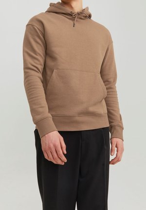 Hoodie marron avec un cordon de serrage, poche avant et poignets côtelés. Fabriqué en tissu doux, il présente une coupe décontractée et un design minimaliste.