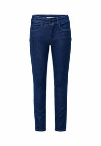 Slim-fit traperice u tamnoplavoj boji, s srednjim strukom, klasičnim dizajnom s pet džepova i suptilnim detaljima šavova.
