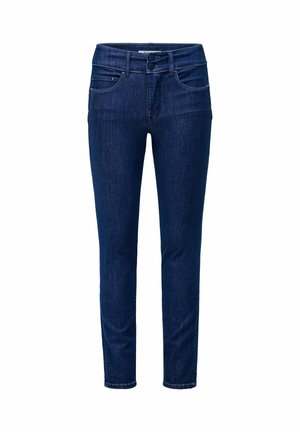 Slim-fit džíny v tmavě modré barvě, s středním pasem, klasickým designem pěti kapes a jemnými detaily šití.
