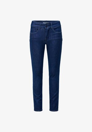 Slim-fit denim jeans in dark blue, featuring a mid-rise waist, classic five-pocket design, and subtle stitching details.