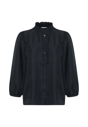 Zwarte blouse met knoopsluiting, een gerimpelde kraag, lange pofmouwen en een relaxte pasvorm. Voorzien van kleine marineblauwe knopen aan de voorkant. Zacht materiaal.
