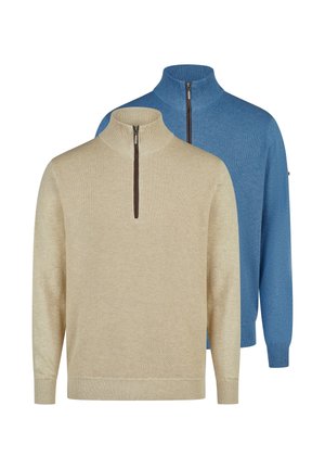 Twee getextureerde half-ritssweaters, één beige aan de voorkant en één blauw erachter, beide met geribbelde manchetten en kragen.